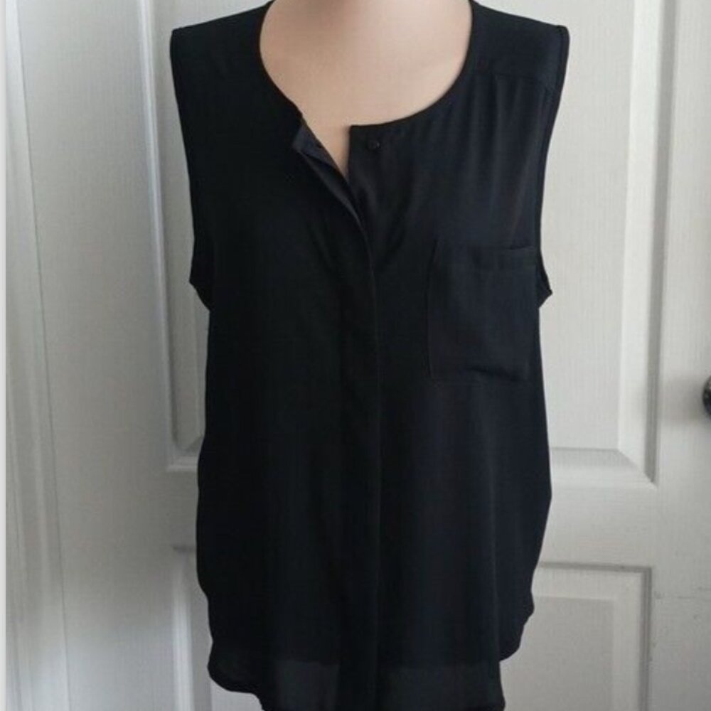 Loft Ann Taylor Black Hidden Button Down Top Sleeve Less Blouse W Pocket XL